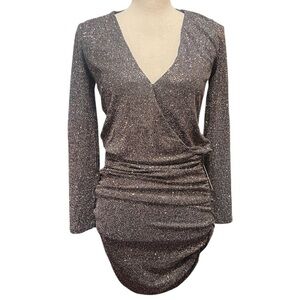 NWT Express Black Multicolor Glitter Long Sleeve Faux Wrap Event Cocktail Dress‎
